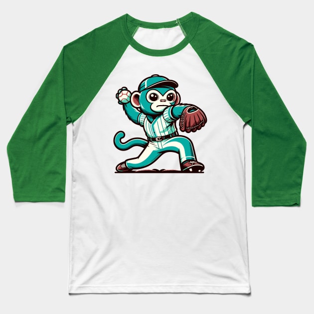 Throwback monkey pitcher - Vintage 1990s Cartoon Style Baseball Art Baseball T-Shirt by TimeWarpWildlife